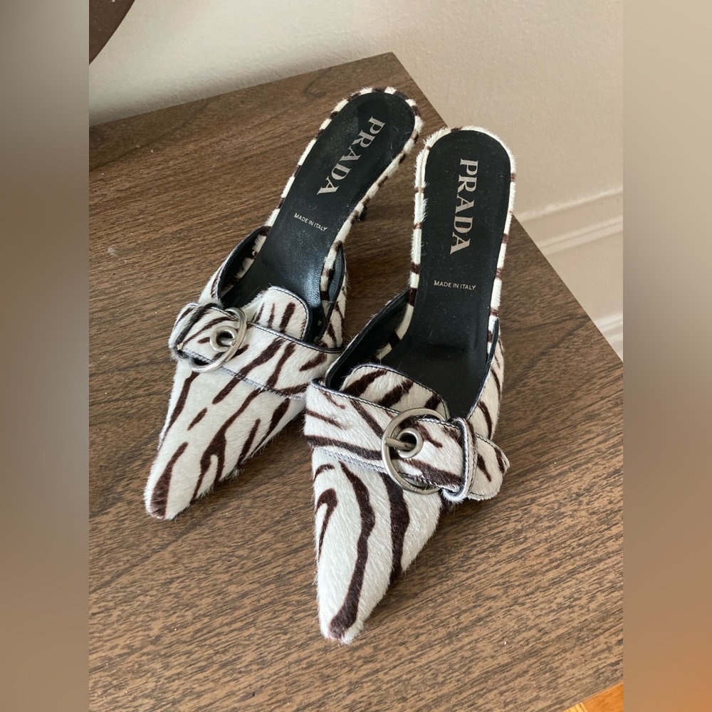 AUTHENTIC PRADA zebra print pony hair buckle kitten heel mules. Size 38.